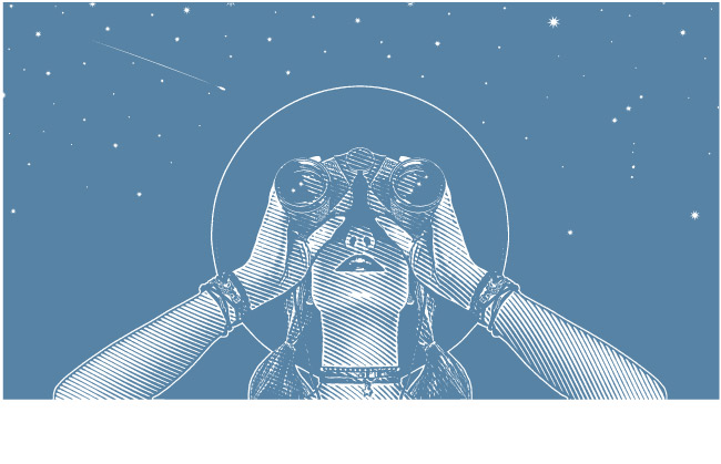 young woman gazing at the night sky with binoculars